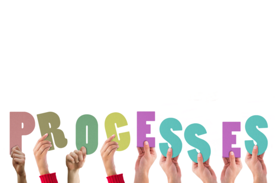Digital png illustration of hands with processes text on transparent background - Powered by Adobe