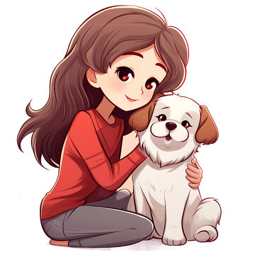 A Cute Little Girl With Her Dog Playing, Chibi Girl Digital Clipart, Dog Mom