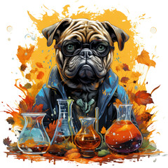 An English Bulldog Halloween t-shirt design featuring a comical bulldog as a mad scientist, wearing a lab coat, Generative Ai