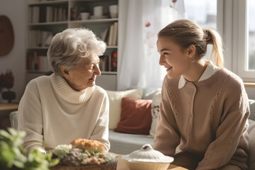 Happy family grandmother with granddaughter at home looking at each other