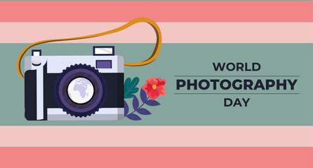 World Photography Day poster with camera lens world map and film roll.. Planning summer vacations. Holiday, journey. Tourism and vacation theme. Poster. Flat design vector illustration