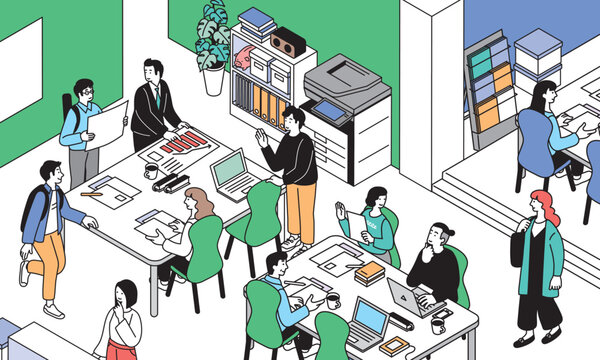 アイソメトリック　オフィスワークをする人々のシンプルなイラスト