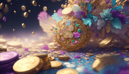 a piece of jewelry and gold coins covered by colourful and golden glitter