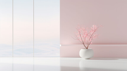 ピンクと白を基調としたシンプルなインテリア、肘掛け椅子、日差し、花