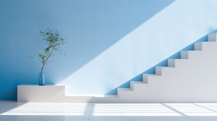 ブルーと白を基調としたシンプルなインテリア、日差し、階段