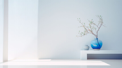 ブルーと白を基調としたシンプルなインテリア、肘掛け椅子、日差し、花