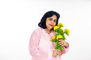 Indian woman giving happy expression on white background.