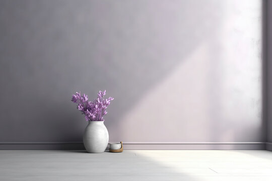 Lavender-gray wall background with a vase on the floor. (Generative AI)