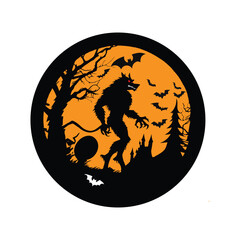 wolf halloween on the forest castle tree vector design sticker