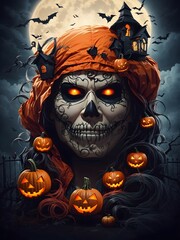 halloween poster with illustration of a spooky makeup witch and a glowing pumpkin
