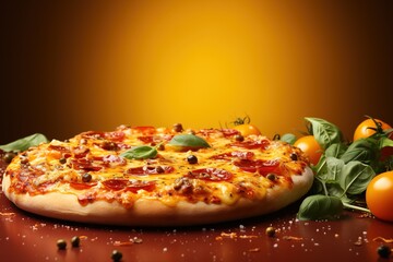 Pizza with salami, cheese, and basil on a brown background with copy space 