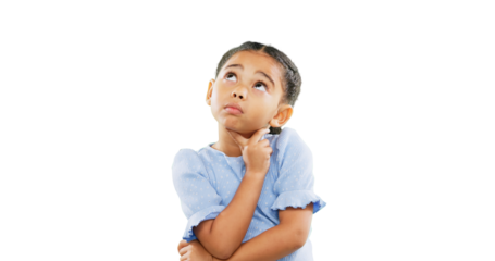 Girl, kid and thinking about future, dream and inspiration with questions isolated on png transparent background. Young female kid, FAQ and ideas, why and thoughtful with decision and solution