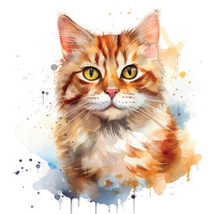 Dreamy Watercolor Cat Pose with White Background