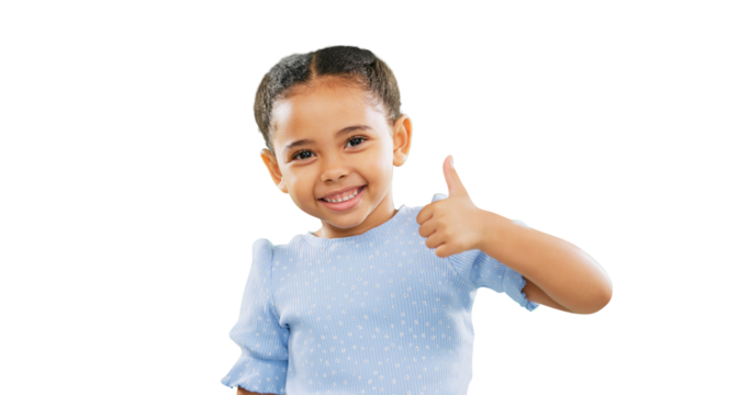 Happy little girl, portrait and thumbs up in agreement or winning isolated on a transparent PNG background. Young child or kid smile with hands in like emoji, yes sign or OK for approval or thank you - Powered by Adobe