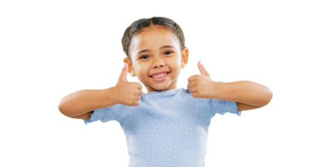 Happy little girl, portrait and thumbs up in approval, agreement or winning isolated on a transparent PNG background. Young child or kid smile with hands in like emoji, yes sign or OK for agreement