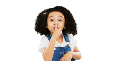 Little girl, portrait and fingers on lips in secret, gossip or quiet isolated on a transparent PNG background. Face of child or kid in silence, noise or shush gesture and emoji for noise or whisper