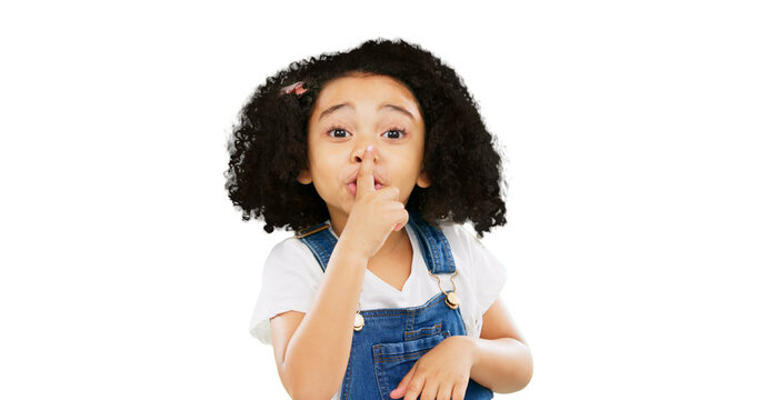 Little girl, portrait and fingers on lips in secret, gossip or quiet isolated on a transparent PNG background. Face of child or kid in silence, noise or shush gesture and emoji for noise or whisper