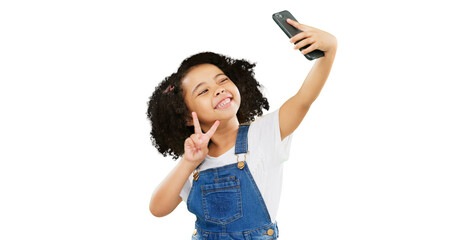 Happy little girl, selfie and peace sign in photography isolated on a transparent PNG background....