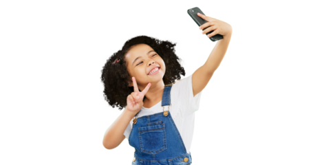 Happy little girl, selfie and peace sign in photography isolated on a transparent PNG background. Young child or kid smile in photo, memory or social media showing v hand sign or gesture in happiness