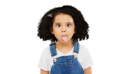 Little girl, silly and goofy face with tongue out standing isolated on a transparent PNG background. Portrait of female child, kid and funny faces or facial expression in childhood, comedy or youth
