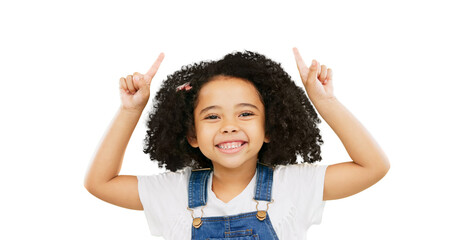 Smile, pointing and presentation with portrait of child on png for idea, show and promotion. Happy, advertising and announcement with face of young girl isolated on transparent background for sign
