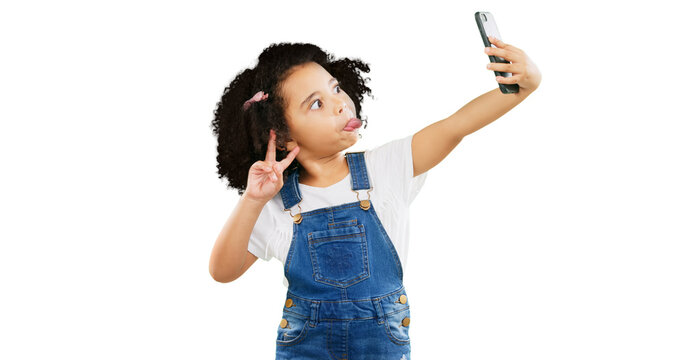 Silly little girl, selfie and peace sign with goofy facial expressions isolated on a transparent PNG background. Child or kid making funny face with v hand sign in photography, vlog or social media