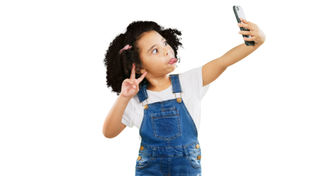 Silly little girl, selfie and peace sign with goofy facial expressions isolated on a transparent PNG background. Child or kid making funny face with v hand sign in photography, vlog or social media