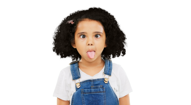 Little girl, silly and goofy face with tongue out standing isolated on a transparent PNG background. Portrait of female child, kid and funny faces or facial expression in childhood, comedy or youth
