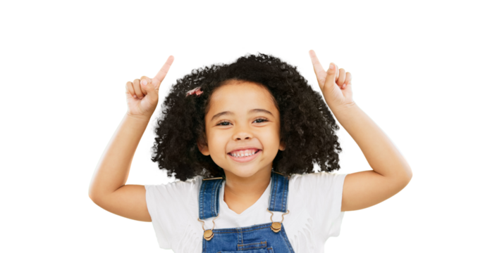 Smile, pointing and presentation with portrait of child on png for idea, show and promotion. Happy, advertising and announcement with face of young girl isolated on transparent background for sign