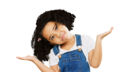 Confused, doubt and choice with child and thinking on png for balance, decision and questions. Balance, uncertain and puzzled with young girl isolated on transparent background for why and shrug