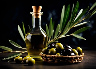 bottle of olive oil with olives