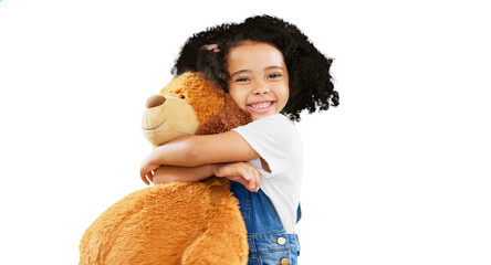 Happy, little girl and hugging teddy bear with smile isolated on a transparent PNG background....