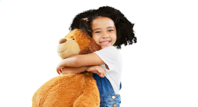 Happy, little girl and hugging teddy bear with smile isolated on a transparent PNG background. Portrait of cute, innocent and adorable child or kid holding or cuddling soft toy in joyful happiness