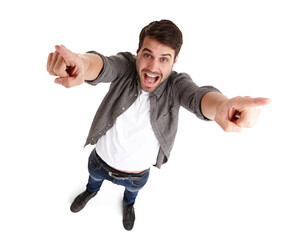 Happy man, portrait and pointing in celebration, winning or sale standing isolated on a transparent...