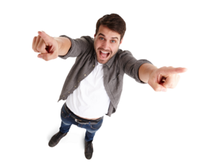 Happy man, portrait and pointing in celebration, winning or sale standing isolated on a transparent PNG background. Top view of excited young male person or model in happiness or wow for notification