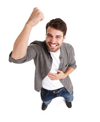 Happy man, portrait and fist pump in celebration, winning or bonus promotion isolated on a...