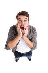 Surprise, fear and shocked with man and screaming on png for stress, danger and notification....