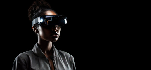 AI artificial intelligence woman dark - skinned wearing VR glasses virtual global world internet connection and a new experience in the future metaverse. Metaverse technology concept: innovation of