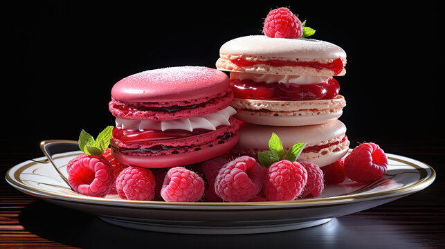 Macaron, g&acirc;teau, p&acirc;tisserie, dessert, framboise, gourmet. Generative Ai