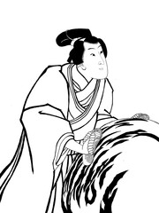 浮世絵・雪玉を転がす人・線画