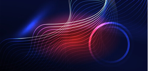 Neon laser lines, circles waves abstract background. Neon light or laser show, electric impulse, power lines, techno quantum energy impulse, magic glowing dynamic lines