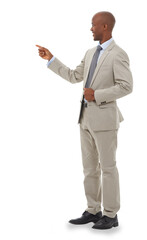 Black man, business and presentation, pointing at information isolated on png transparent background. Male speaker, announcement and news with seminar, teaching in workshop with opportunity and goals
