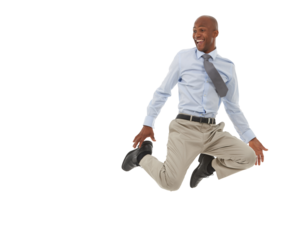 Excited business man jump for success, celebration and winner isolated on transparent png background. Happy african worker in air to celebrate bonus deal, freedom and energy for winning achievement