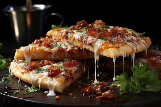 Pizza with mozzarella cheese and bacon on a black background