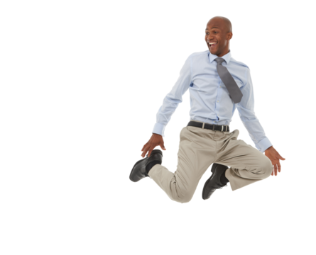 Excited business man jump for success, celebration and winner isolated on transparent png background. Happy african worker in air to celebrate bonus deal, freedom and energy for winning achievement