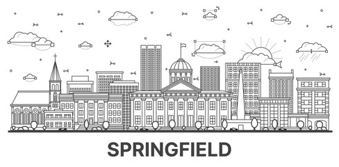 Outline Springfield Illinois City Skyline with Modern and Historic Buildings Isolated on White.