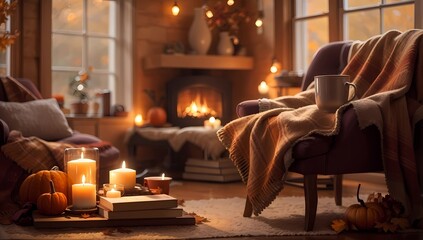 Warm Autumn Retreat: Crackling Fireplace Living Room Card
 - obrazy, fototapety, plakaty