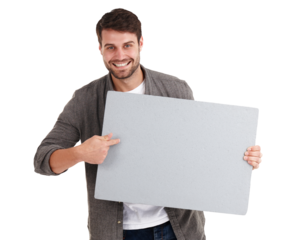Portrait, man and pointing to poster for advertising, branding about us and information sign isolated on transparent png background. Happy model, paper and mockup space for promotion, review and deal