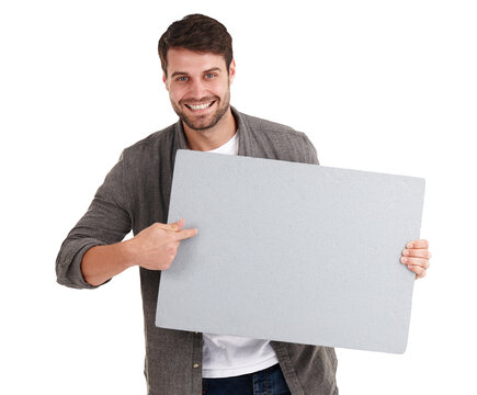 Portrait, man and pointing to poster for advertising, branding about us and information sign isolated on transparent png background. Happy model, paper and mockup space for promotion, review and deal