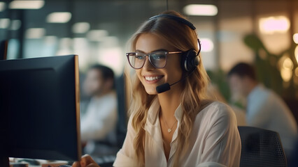 A Caucasian blonde woman in white blouse and glasses , smiling while talking on  headset while working at her desk in open plan office - obrazy, fototapety, plakaty